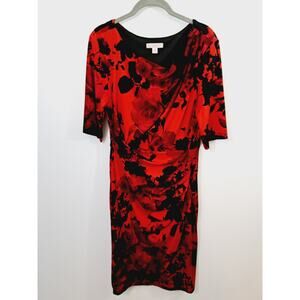 Established 1962 Women's Red Black Rose Print Ruched Detail Dress Size 10
